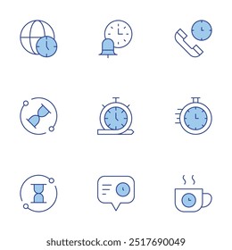 Time icons set. Line Duotone style, editable stroke. process, zone, deadline, management, break time, customer service.