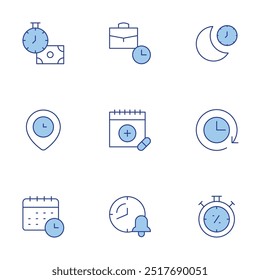 Time icons set. Line Duotone style, editable stroke. limited, part time, sleep, calendar, clock, time management, schedule.