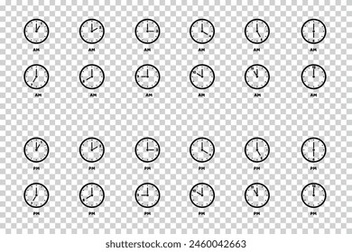 Iconos De Tiempo Establecidos A.M. Y P.M. - Diferentes Ilustraciones vectoriales Aisladas Sobre Fondo Transparente