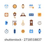 Time icons set. Simple signs with timer, clock, alarm, stopwatch, hourglass, wristwatch and digital clock. Design elements for website. Flat vector illustration collection isolated on background