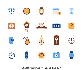 Zeitsymbole festgelegt. Einfache Schilder mit Timer, Uhr, Wecker, Stoppuhr, Sanduhr, Armbanduhr und Digitaluhr. Gestaltungselemente für die Website. Flache Vektorgrafik-Kollektion einzeln auf Hintergrund