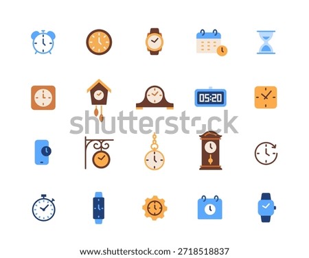 Time icons set. Simple signs with timer, clock, alarm, stopwatch, hourglass, wristwatch and digital clock. Design elements for website. Flat vector illustration collection isolated on background
