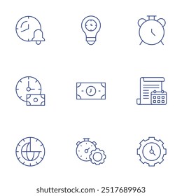 Time icons set. Thin Line style, editable stroke. zone, alarm clock, calendar, clock, time is money, management.