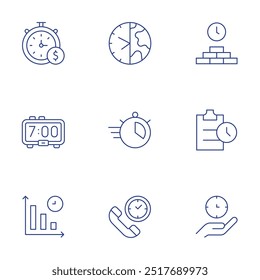 Time icons set. Thin Line style, editable stroke. time, countdown, decrease, earth hour, time management, digital clock.