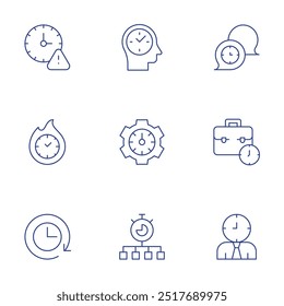 Zeitsymbole festgelegt. Stil der dünnen Linie, bearbeitbarer Strich. Zeit, abgelaufen, Zeitmanagement, Arbeitszeit.