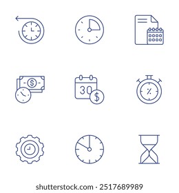 Zeitsymbole festgelegt. Stil der dünnen Linie, bearbeitbarer Strich. Minuten, Kalender, Uhr, Datei, begrenzt, Sandglas, Zeit, Zeit ist Geld, Management.