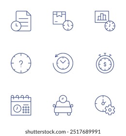 Conjunto de iconos de tiempo. Estilo de línea delgada, trazo editable. plomo, regreso al pasado, taxi, archivo, perder, programa, el tiempo es dinero, gestión.
