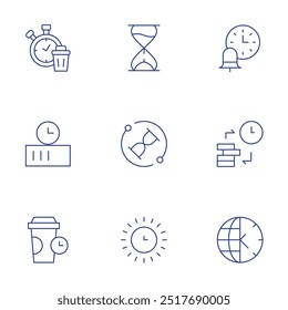 Conjunto de iconos de tiempo. Estilo de línea delgada, carrera editable. reloj de arena, proceso, sol, carga, café, desperdicio, tiempo, tiempo es dinero, zona.