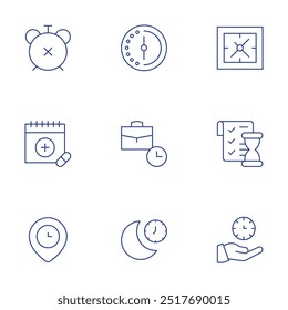 Time icons set. Thin Line style, editable stroke. half hour, part time, sleep, time, time management, alarm, calendar, clock.