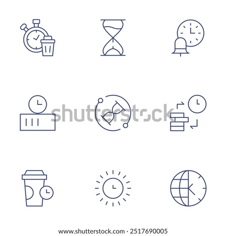 Time icons set. Thin Line style, editable stroke. hourglass, process, sun, charging, coffee, waste, time, time is money, zone.