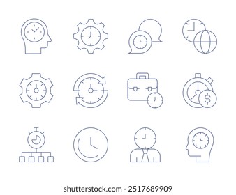 Zeitsymbole. Stil der dünnen Linie, bearbeitbarer Strich. Management, Lapse, Zeit ist Geld, Arbeit.