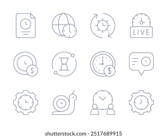 Iconos de tiempo. Estilo de línea delgada, trazo editable. proceso, caracol, gestión, zona, tiempo es dinero.
