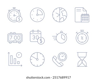 Iconos de tiempo. Estilo de línea delgada, carrera editable. minutos, calendario, reloj, cuenta regresiva, disminución, hora de la tierra, archivo, tiempo limitado, reloj de arena, tiempo, reloj digital.