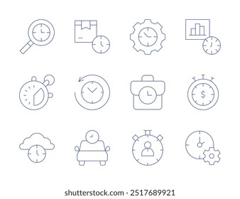 Iconos de tiempo. Estilo de línea delgada, trazo editable. tiempo de entrega, regreso al pasado, taxi, gestión, el tiempo es dinero, trabajo.
