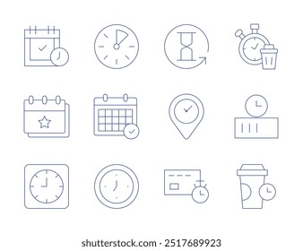 Zeitsymbole. Stil der dünnen Linie, bearbeitbarer Strich. Minuten, Kalender, Aufladung, Uhr, Kaffeezeit, Verschwendung, Sanduhr, Ort, Timer, Termin.