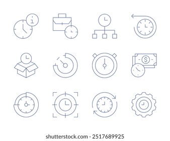 Iconos de tiempo. Estilo de línea delgada, trazo editable. trabajo, permanecer, objetivo, el tiempo es dinero, gestión, gerente, viaje en el tiempo, tiempo.