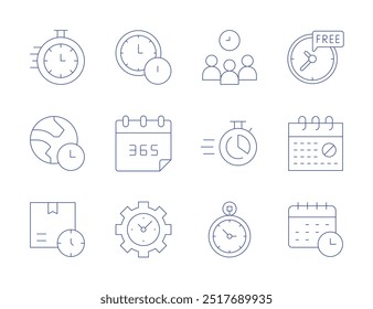 Zeitsymbole. Stil der dünnen Linie, bearbeitbarer Strich. Termin, Teamwork, Freizeit, kein Wochenende, Zeitplan, Zeit, Wecker, Kalender, Uhr, Lieferzeit, Stunde Erde.