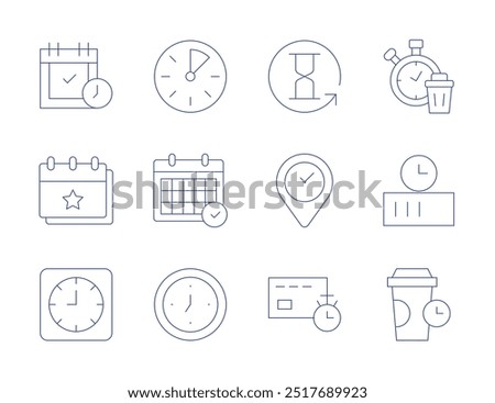 Time icons. Thin Line style, editable stroke. minutes, calendar, charging, clock, coffee time, waste, hourglass, place, timer, appointment.