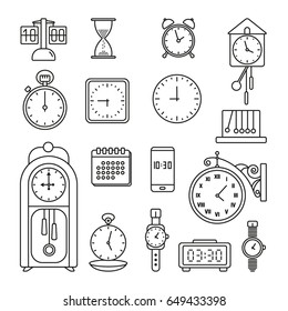 Time icons: thin monochrome icon set, black and white kit