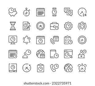 Time icons. Vector line icons set. Stopwatch, timer, watch, calendar, clock concepts. Black outline stroke symbols