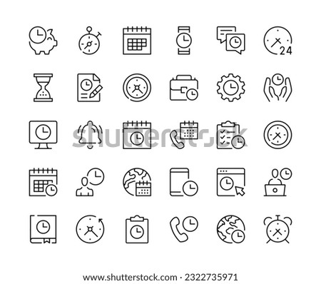 Time icons. Vector line icons set. Stopwatch, timer, watch, calendar, clock concepts. Black outline stroke symbols