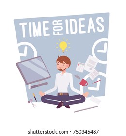 Time for ideas poster. Relaxed yoga man in lotus pose trying to capture feedback or insights for business innovation. Vector flat style cartoon illustration isolated on white background