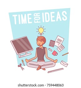Time for ideas. Young yogi office man in lotus pose making mind calmer and more focused to find bright decision, deep body relaxation for productive work. Vector line art business illustration