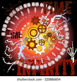 Time, Infinity, Clock mechanism, Gearwheels. Vector image in abstract art style, done in a slightly psychedelic manner