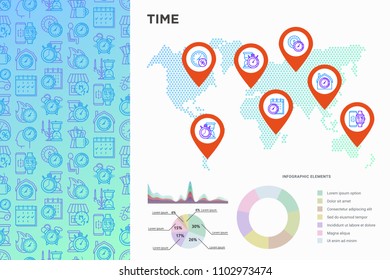 Time infographic on world map with thin line icons: coffee time, stopwatch, smart watch, hot time, sale, deadline, alarm, open hours, coundown. Modern vector illustration, template for print media.