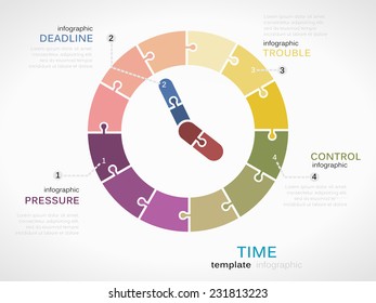 Time infographic template with colorful analogue clock 