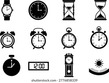 Time instrument silhouette icons set with clock watch timer hourglass elements