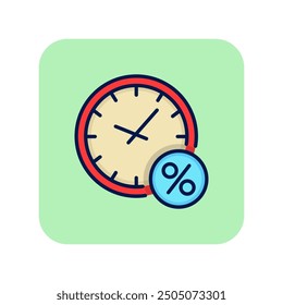 Time and interest line icon. Clock with percent mark on green background. Finance concept. Vector illustration can be used for topics like business, finance, economy