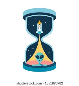 The time of intergalactic friendship with aliens. Huge hourglass or sandglass with rocket shuttle and extraterrestrial martian face. Abstract startup concept with new ideas and space exploration. 