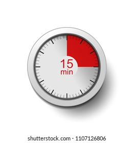 Time interval of 15 minutes, isolated on a white background, with good detail in the form of shadows and a time interval (red color) vector illustration. 15-minute break, coffee break