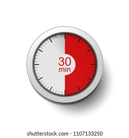 Time Interval Of 30 Minutes, Isolated On A White Background, With Good Detail In The Form Of Shadows And A Time Interval (red Color) Vector Illustration. 30-minute Break, Time Interval