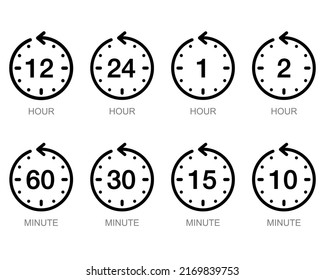 Iconos de reloj de intervalo de tiempo 24, 12, horas y minuto. Línea de ilustración del vector.