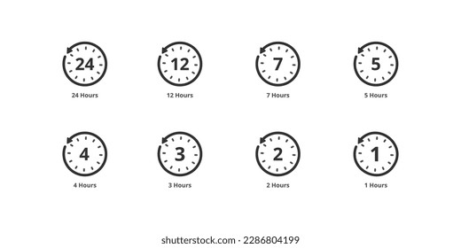 Iconos del reloj del intervalo de tiempo 24, 12, 7, 5, 4, 3, 2, 1 horas. línea editable