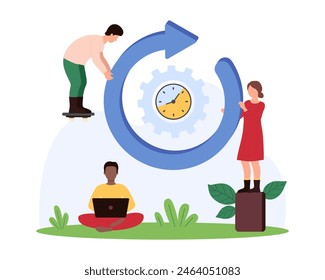 Time interval countdown, loading progress button. Tiny people holding round arrow with speed spin motion to watch on clock inside, timer with gear ticking to deadline cartoon vector illustration