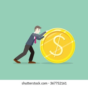 Time for invest, man with gold coin. Time investmen concept, finance and money, investor and stock market, business man invest gold, old gold money, banking treasure, roll dollar invest illustration