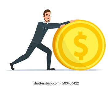 Time for invest, man with gold coin. Time investmen concept, finance and money, investor and stock market, business man invest gold, old gold money, banking treasure, roll dollar invest illustration