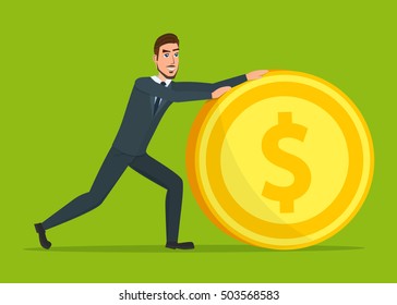 Time investmen concept, finance and money, investor and stock market, business man invest gold, old gold money, banking treasure, roll dollar invest illustration. Time for invest, man with gold coin.