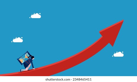 time and investment. Businesswoman with hourglass preparing to run on growth chart 