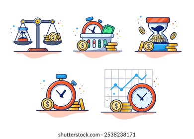 Time Investment With Clock and Gold Coin Money Cartoon Vector Design Illustrations Pack