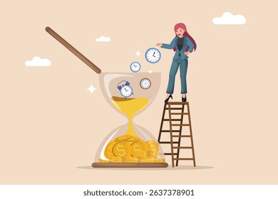 Time Investment and Financial Growth: Businesswoman Managing Clocks into an Hourglass with Gold Coins, Representing Time is Money.