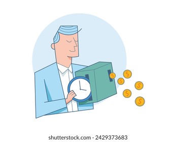 Time investment to make money, businessman investor push clock in return of money