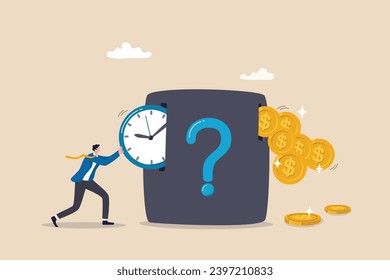 Time investment to make money, side hustle or revenue income, long term investment, pension or mutual fund, time value of money concept, businessman investor push clock in return of money coins.