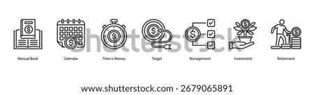 Time and Investment web banner vector illustration featuring Manual Book, Calendar, Time is Money, Target, Management, Investment, and Retirement.