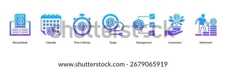 Time and Investment web banner vector illustration featuring Manual Book, Calendar, Time is Money, Target, Management, Investment, and Retirement.