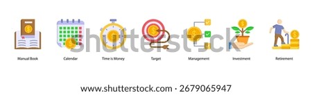Time and Investment web banner vector illustration featuring Manual Book, Calendar, Time is Money, Target, Management, Investment, and Retirement.