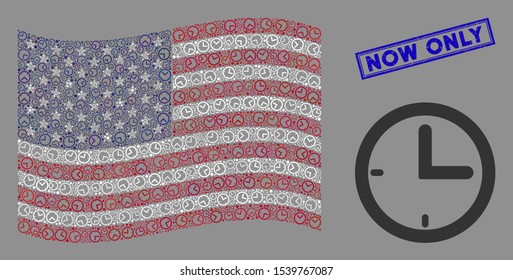 Time items are combined into USA flag mosaic with blue rectangle grunge stamp seal of Now Only text. Vector concept of USA waving official flag is organized of time icons.